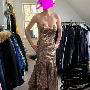 Jovani Strapless Sequin Mermaid Gown in Metallic Gold and Bronze